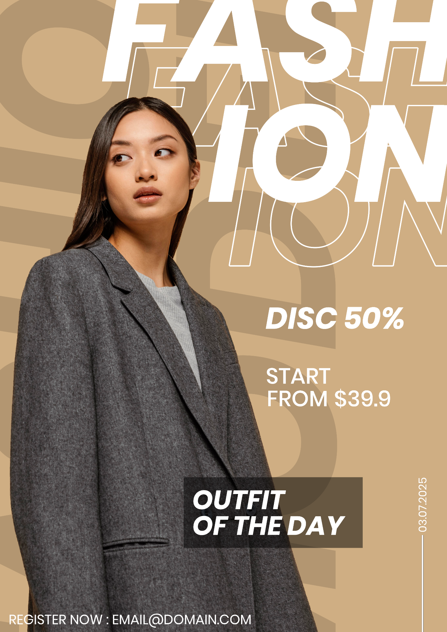 Fashion sale poster with model and beige background