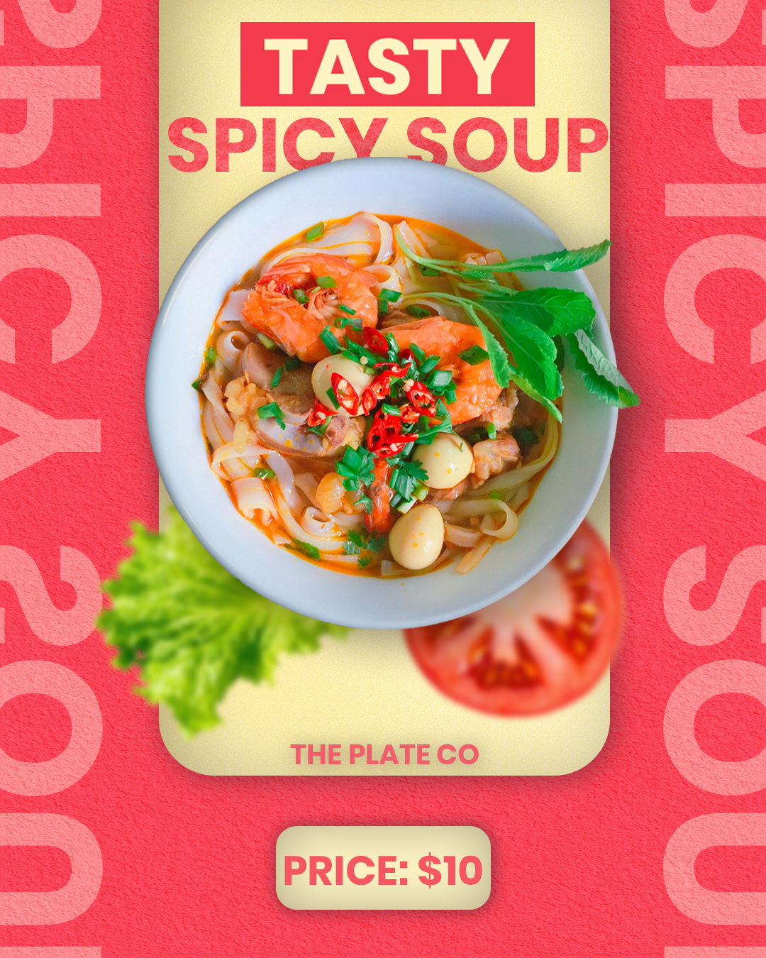 Spicy soup food promotion poster with red background