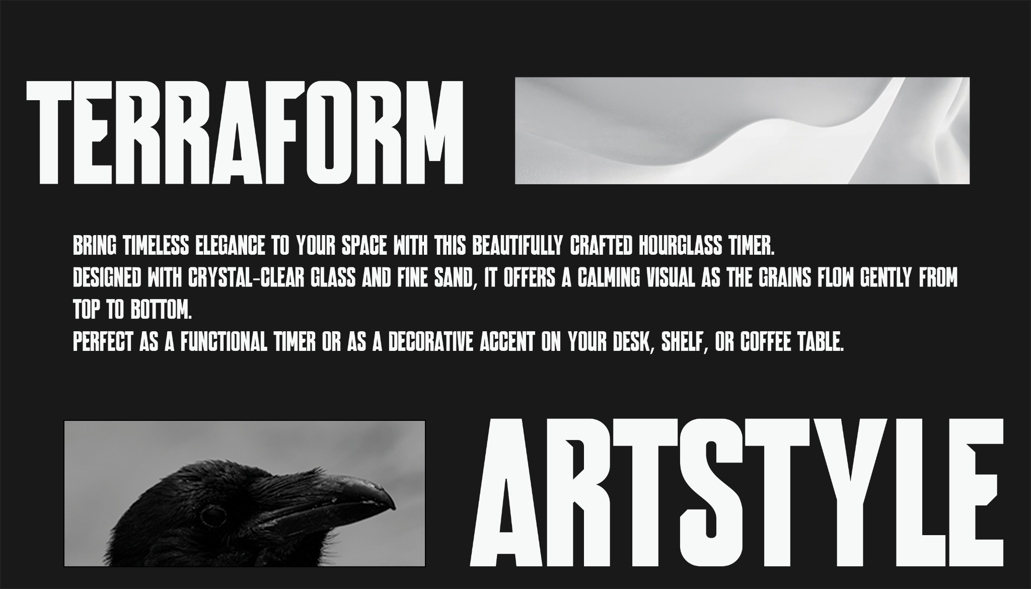 Black and white typography poster with abstract image strips